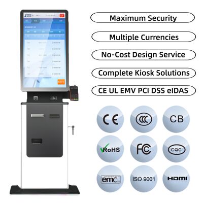 kaufen 27 32 Zoll Selbstbedienung Touchscreen Hotel Check in Kiosk Pass Scanner Kartenhäuser A4 Tickets Drucken Barzahlung Kiosk online manufacture