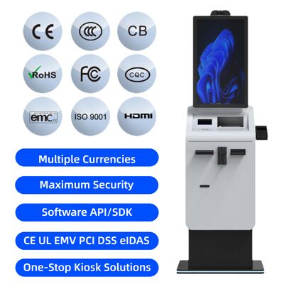 Self Service Touch Screen Cash Coin Foreign Currency Exchange Payment Kiosk with Ticket Printer Passport Scanner with SDK/API