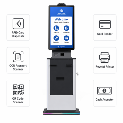 Hotel Check-in-Kiosk Selbstbedienung Touchscreen Karten-Spender Pass-Scanner Ticket-Drucker Bargeld-Akzeptor Zahlungs-Kiosk